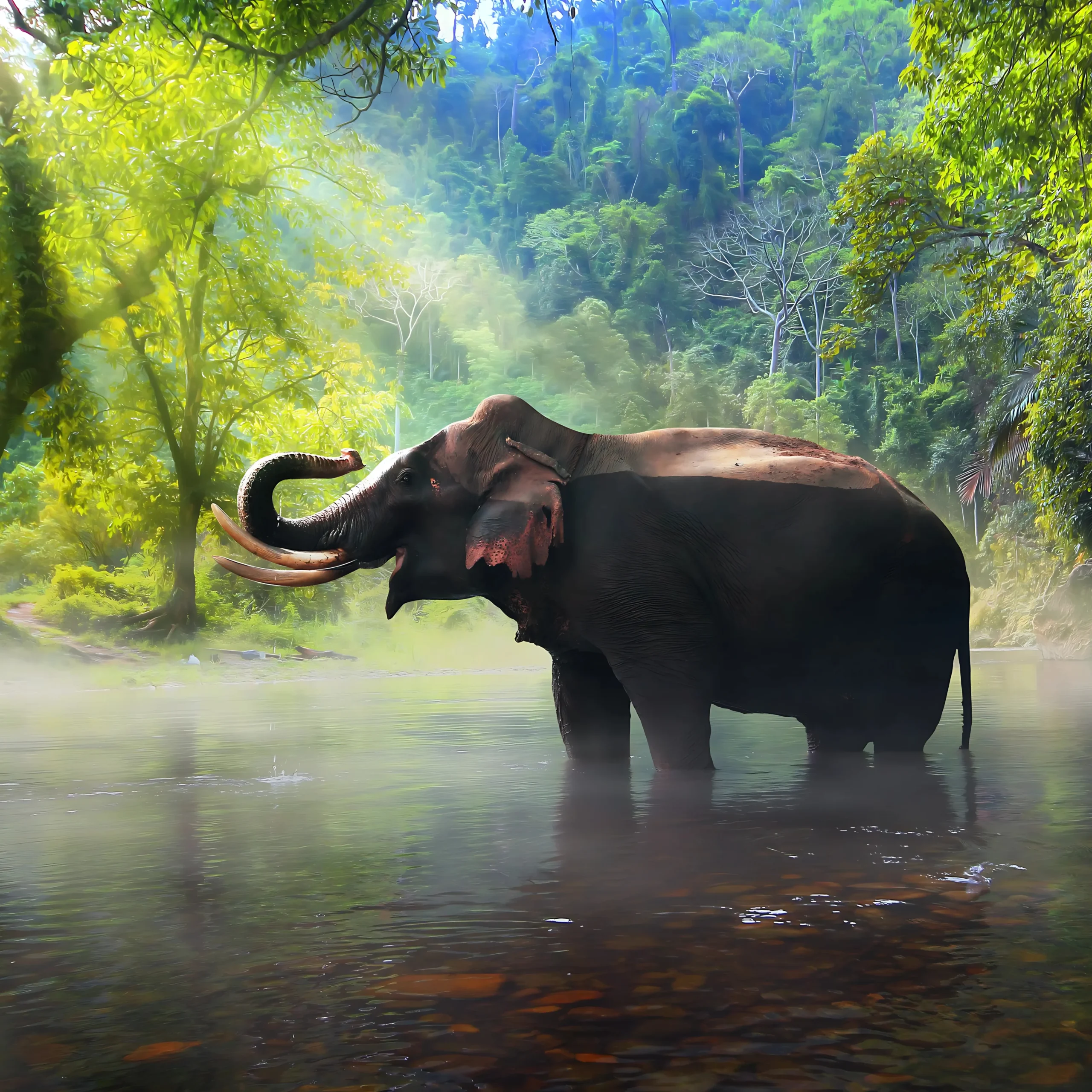 Single elephant bathing in sunshine